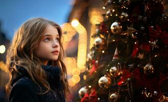 lado perfil de un joven chica, ojos lleno con preguntarse, en pie junto a un majestuoso Navidad árbol conjunto en un ciudad cuadrado. ai generado foto