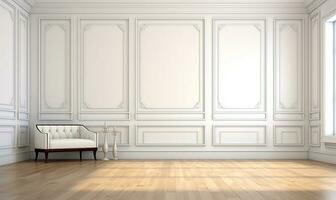 elegant empty room featuring a pristine white wall adorned with classic style mouldings. AI Generated photo