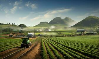 sprawling agricultural farm featuring fields of crops. AI Generated photo