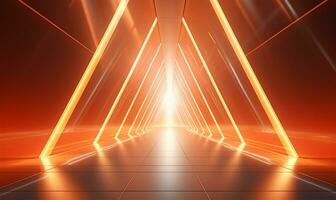 empty long light corridor designed as a futuristic Sci-Fi triangle tunnel. AI Generated photo