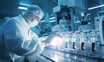 Staff meticulously checking medical vials as they move along a production line in a pharmaceutical factory. AI Generated photo