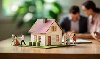 Real estate agent signing a mortgage agreement with a happy young couple with a close-up of a miniature house in the foreground. AI Generated photo
