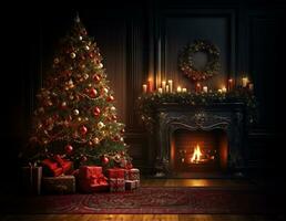 Christmas tree adorned with lights and ornaments next to a roaring fireplace in a room. AI Generated photo