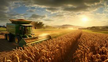 harvester pouring freshly harvested corn maize seeds or soybeans into a container trailer. AI Generated photo