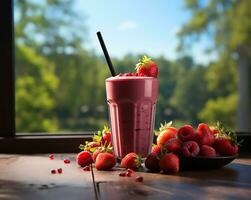 strawberry smoothie in a glass. AI Generated photo