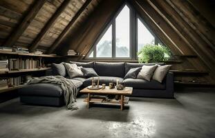 corner sofa placed against a shelving unit, set in a modern living room in the attic of a farmhouse. AI Generated photo