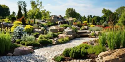 Landscape view of a meticulously designed private rock garden. AI Generated photo