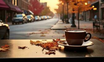 humeante taza de café perfectamente metido en un café mesa, conjunto en contra el fondo de un calle bullicioso con carros y cubierto con vistoso otoño hojas. ai generado foto