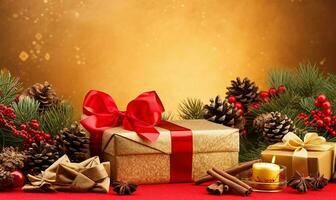 elegant Christmas composition on a shimmering light gold backdrop. AI Generated photo