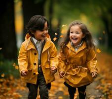 Exuberant children, adorned in bright yellow raincoats and matching rain boots, delightfully splash through puddles during an autumnal downpour. AI Generated photo