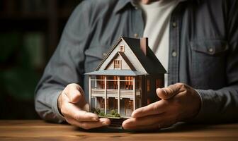 Man holding a detailed model of a house in his hands. AI Generated photo