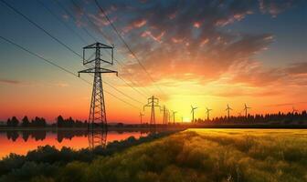 wind turbines positioned near an electricity pylon. AI Generated photo