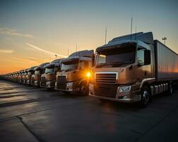 A row of parked trucks, silhouetted against the backdrop of a radiant sunrise. AI Generated photo