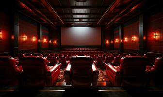 un meticulosamente arreglado cine salón bañado en un Rico rojo matiz, exhibiendo un vasto blanco blanco pantalla esperando un proyección. ai generado foto