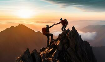 uno caminante extensión un mano a ayuda un amigo alcanzar el cumbre de un montaña. ai generado foto