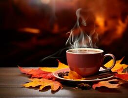 steaming coffee cup set against a backdrop of cascading autumn leaves. AI Generated photo