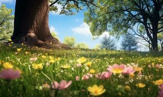 pintoresco primavera claro con floreciente flora y arboles conjunto en contra un claro azul cielo. ai generado foto