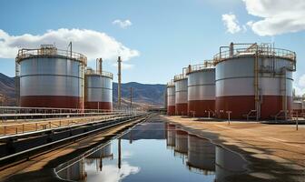 grande almacenamiento tanques y silos lleno con crudo materiales ai generado foto