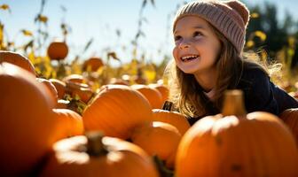 child, immersed in wonder, plays amidst a sea of pumpkins at a pumpkin farm during autumn. AI Generated photo