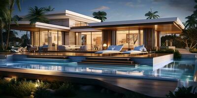 A modern villa showcasing open-plan living spaces and a private bedroom. AI Generated photo