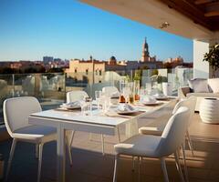 A rooftop restaurant terrace, designed with Scandinavian minimalism in mind, presents an array of tables and chairs in immaculate white. AI Generated photo