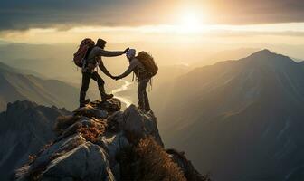 uno caminante extensión un mano a ayuda un amigo alcanzar el cumbre de un montaña. ai generado foto