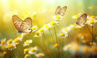 Macro shot of vibrant yellow Santolina flowers amidst playful butterflies in a meadow. AI Generated photo