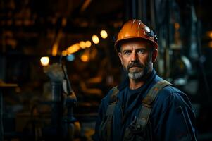 A diligent industry maintenance engineer stands tall, dressed in his professional uniform complemented by a safety hard hat. AI Generated photo