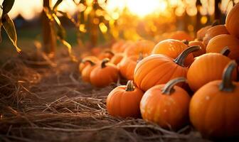 pumpkins spread across a farm. AI Generated photo