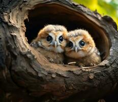 Two adorable baby owls, with wide curious eyes, peek out from the sanctuary of their tree hole nest. AI Generated photo