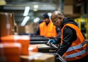 warehouse employees are seen in the midst of their tasks, swiftly moving and organizing shipment boxes. AI Generated photo