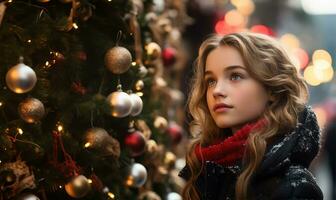 side profile of a young girl, eyes filled with wonder, standing beside a majestic Christmas tree set in a city square. AI Generated photo