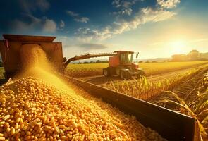 harvester pouring freshly harvested corn maize seeds or soybeans into a container trailer. AI Generated photo