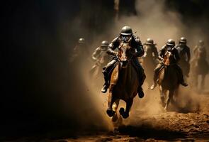 un intenso momento capturado durante un caballo carrera como jinetes, con escarpado determinación, empujar su caballos a ganancia un ventaja en el crucial último curva. ai generado foto