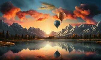 mesmerizing landscape where multiple hot air balloons gracefully soar over a sprawling expanse. AI Generated photo