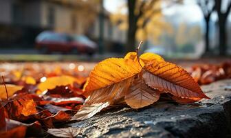 autumn leaves scattered on the street. AI Generated photo