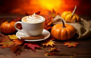 delicious pumpkin spice latte, steaming gently in a cup and saucer. AI Generated photo