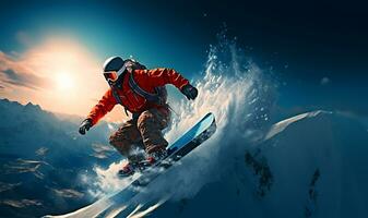 dynamic capture of a snowboarder. AI Generated photo