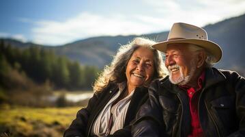 elderly Hispanic couple enjoying the outdoors. AI Generated photo