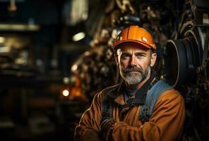 un diligente industria mantenimiento ingeniero soportes alto, vestido en su profesional uniforme complementado por un la seguridad difícil sombrero. ai generado foto