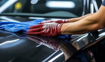 man meticulously cleaning a car with a microfiber cloth. AI Generated photo