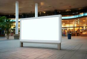 blank white mockup signboard positioned in a public shopping center. AI Generated photo