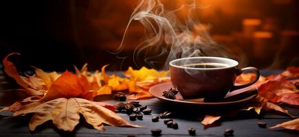 steaming coffee cup set against a backdrop of cascading autumn leaves. AI Generated photo