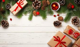 un armonioso Navidad composición. lozano abeto árbol ramas marco el de madera blanco rústico fondo, complementado por cuidadosamente metido regalos envuelto en fiesta diseños ai generado foto