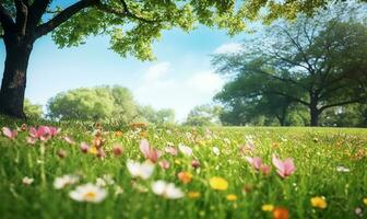 pintoresco primavera claro con floreciente flora y arboles conjunto en contra un claro azul cielo. ai generado foto