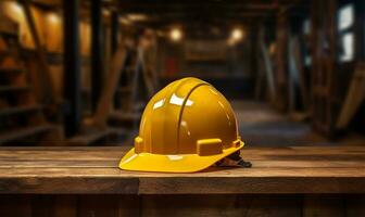 un construcción amarillo casco metido en un de madera mesa. ai generado foto