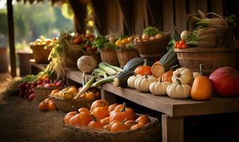 bustling fall farmers market brimming with a colorful array of pumpkins and fresh autumnal vegetables. AI Generated photo