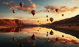 mesmerizing landscape where multiple hot air balloons gracefully soar over a sprawling expanse. AI Generated photo