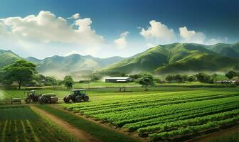 sprawling agricultural farm featuring fields of crops. AI Generated photo