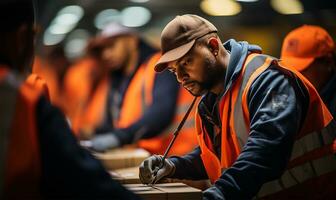 warehouse employees are seen in the midst of their tasks, swiftly moving and organizing shipment boxes. AI Generated photo